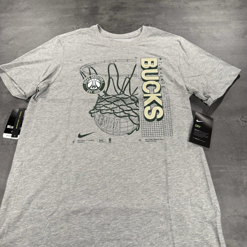 Nike Milwaukee Bucks Shirt Mens Medium Gray Dri Fit Cotton NBA Basketball
